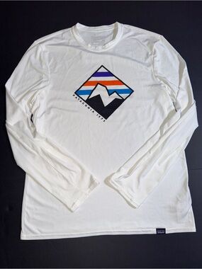 Patagonia White Long-Sleeve Tee with Multicolor Mountain Logo